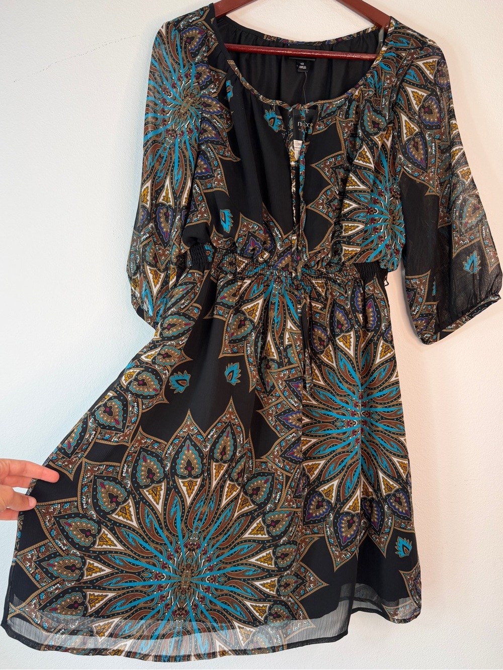 Nicole Miller Boho Paisley Medallion Mini‎ Dress Black Colorful Chiffon 12 NWT